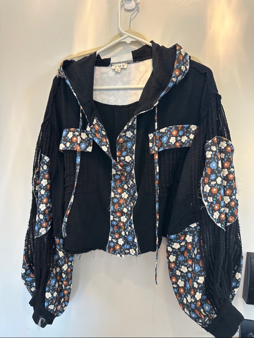 POL Floral Trim Black Hooded Top/Jacket L